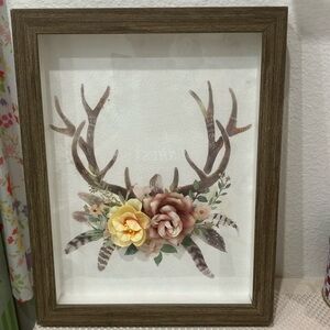 New Wood Grain Shadowbox Picture Of Floral Antlers 11” x 14” x 1 1/2”